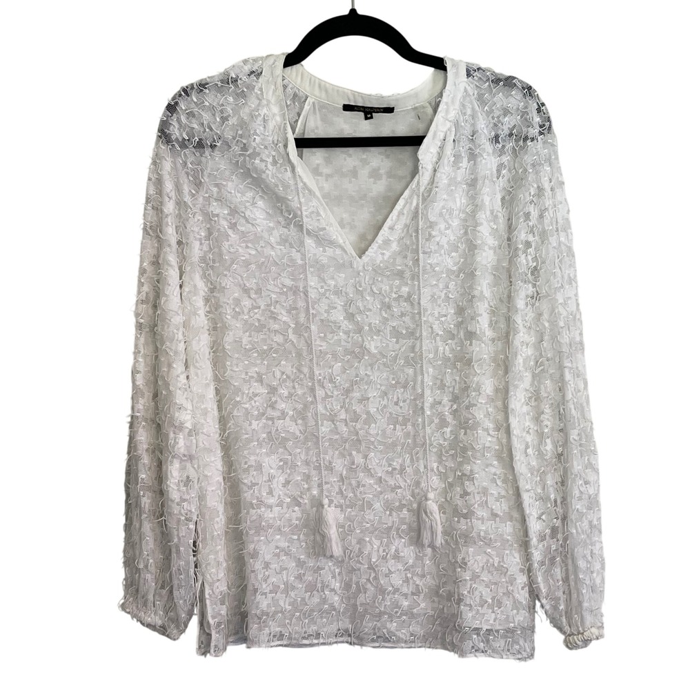 Kobi Halperin White Lace Eyelash Fringe Tassel V-Neck Blouse Top KS1B40 Medium